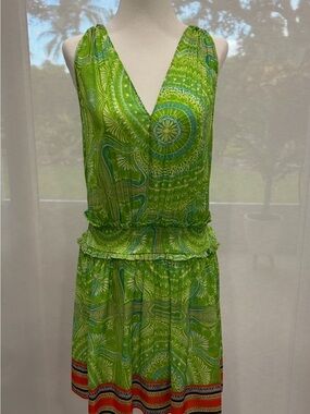 Ramy Brook Green Paisley V-Neck Sleeveless Summer Dress